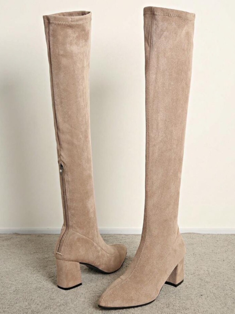 Beige Over-The-Knee Suede Boots – Chunky Heel Thigh High Boots - 9.5 - Picture 3 of 6